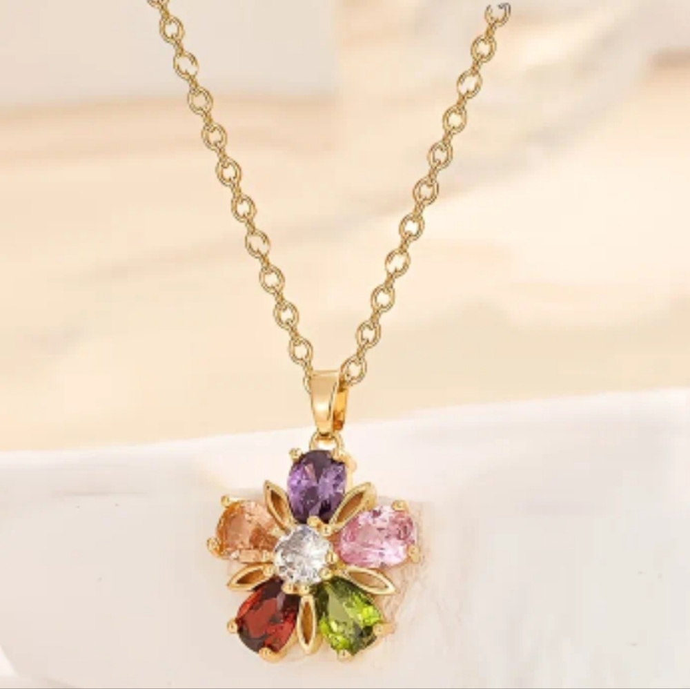 Elegant Multicolor Gemstone Flower Pendant Necklace Set - Picture 2 of 5